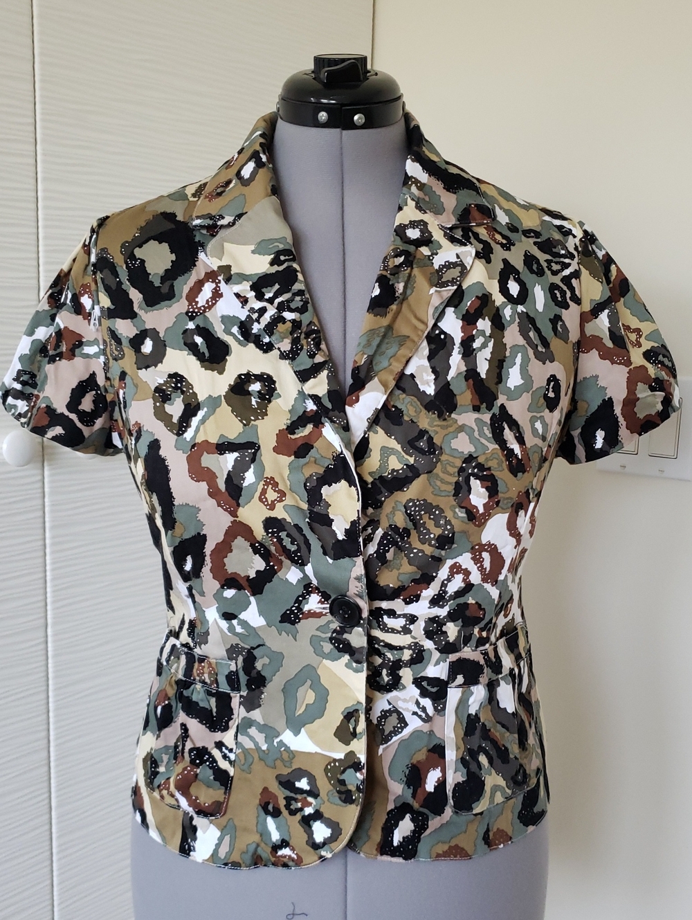 Women’s Short Sleeve Leopard Print Blazer - Olive Multi Sz.M